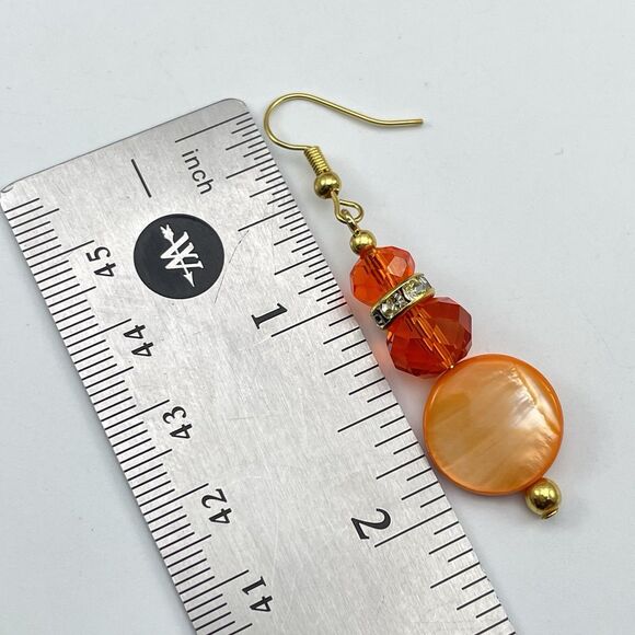 Orange Mother Of Pearl Disc Glass Beaded Gold Tone Earrings Dangle Rhinestones - Picture 6 of 6